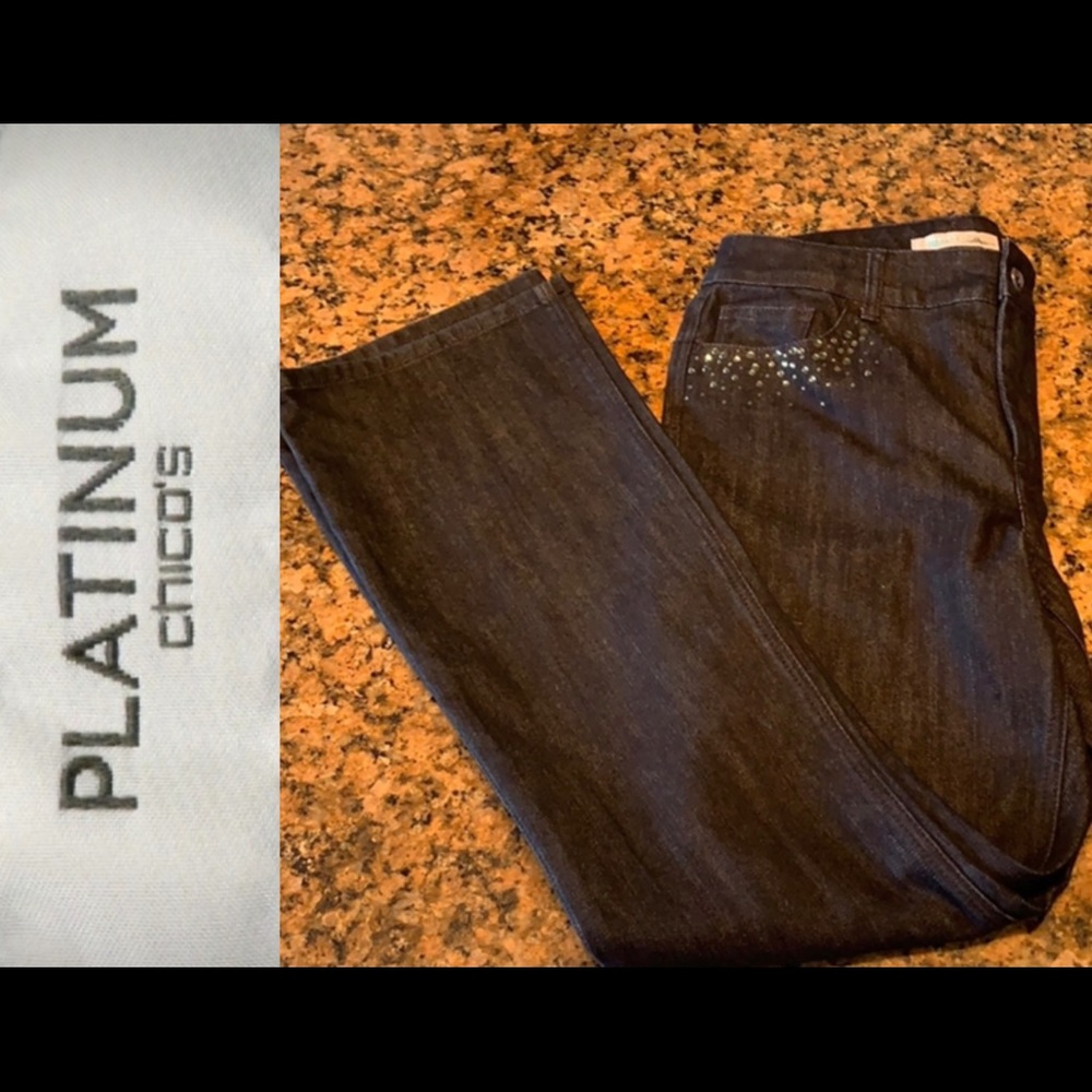 Chico’s platinum bedazzled straight leg jeans